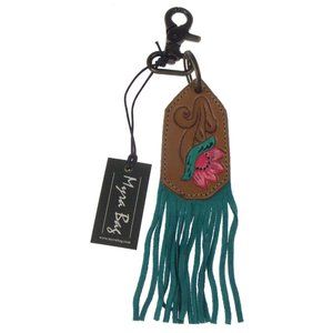 Myra Bag Turquoise Leather Key Chain Fob Lotus Stamped Image Handcrafted Gift